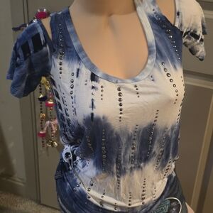 Rains Blue Tie-Dye Studded Cold Shoulders Top